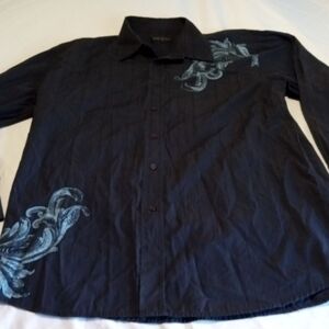 Men's Black Casual Button Down Shirt with Blue Accents